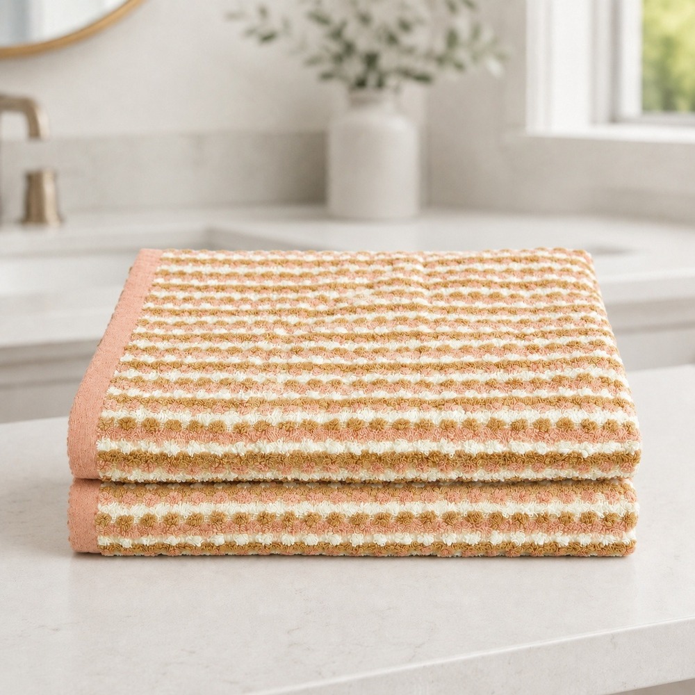 Cannon Classic Bath Towel Pink Tan White Striped Weave Cotton Blend Set of 2
